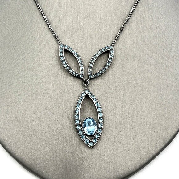 GIVENCHY Blue Rhinestone Necklace and Pierced Dangle Earrings Set Gunmetal 17" - Picture 3 of 9